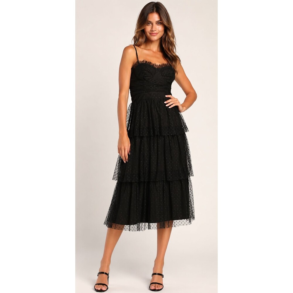 LULUS Women’s New Midi Dress Black SMALL Polka Dot Mesh Tiered Ruffle Bustier
